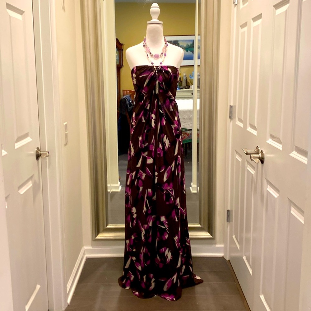 Badgley Mischka Silk Brown & Purple Floral Strapless Flowy Dress Size 4-